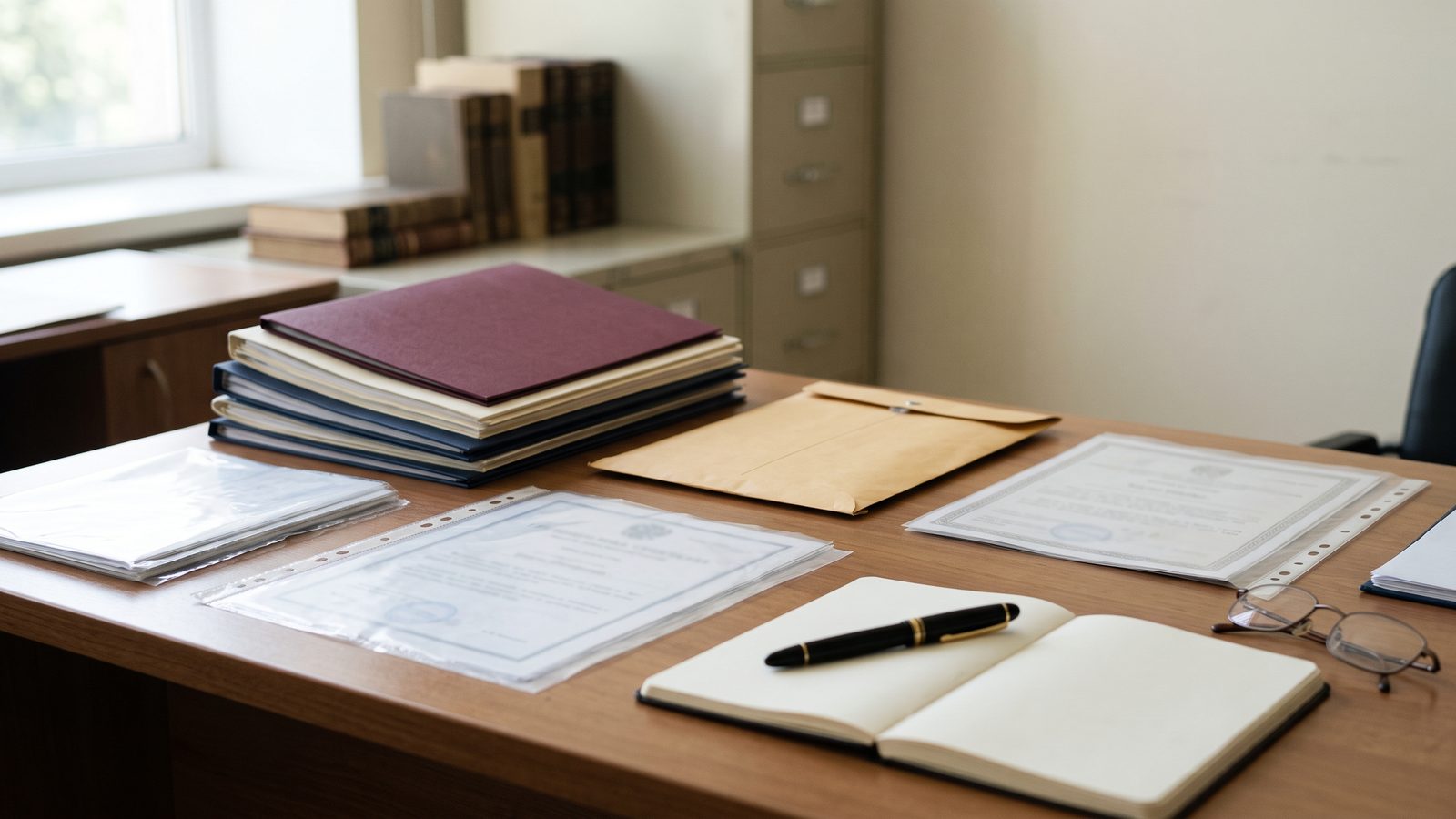 مكتب عليه ملفات ووثائق لمعادلة الشهادات