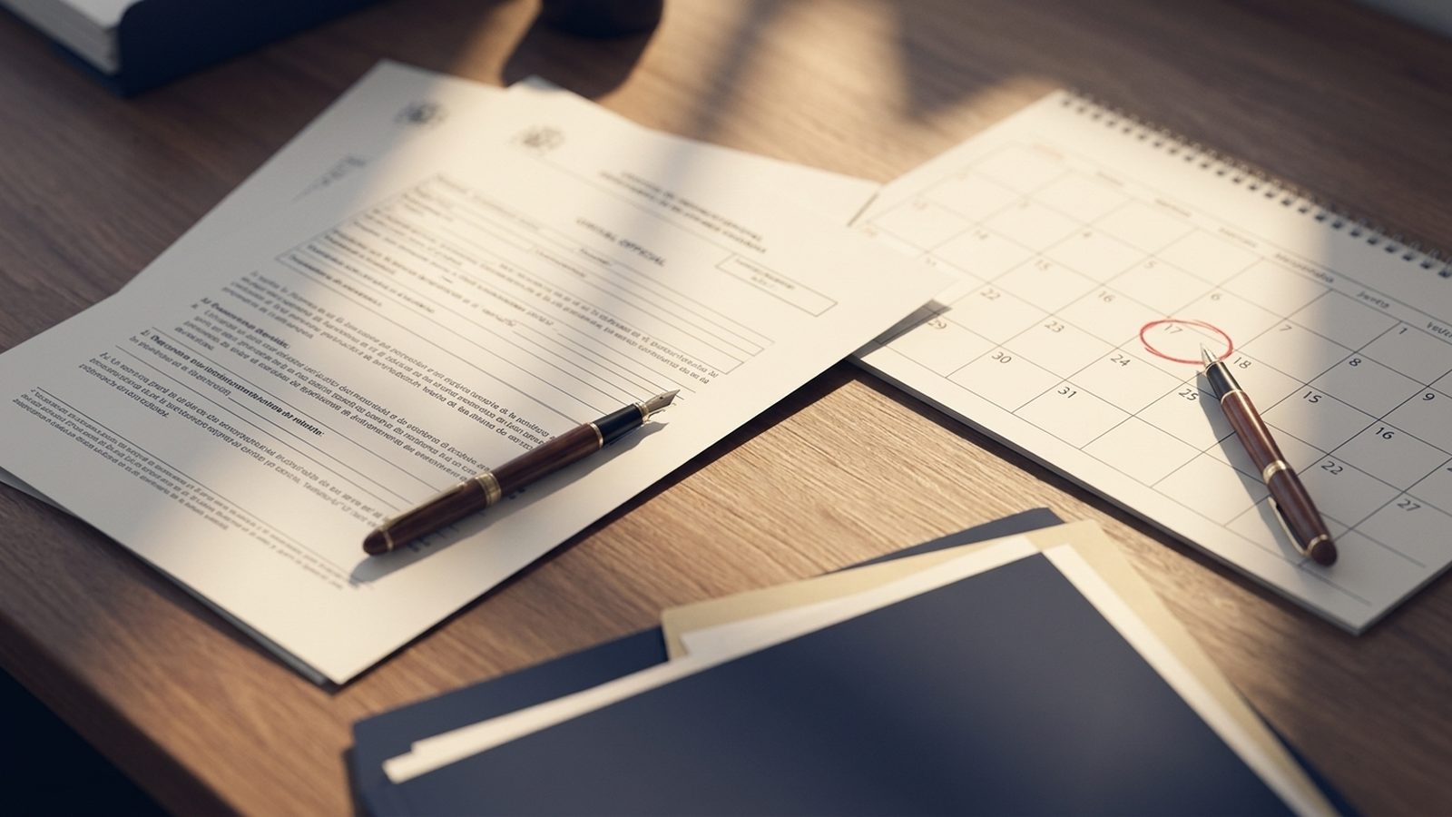 Desk with a printed administrative decision, a calendar and a pen