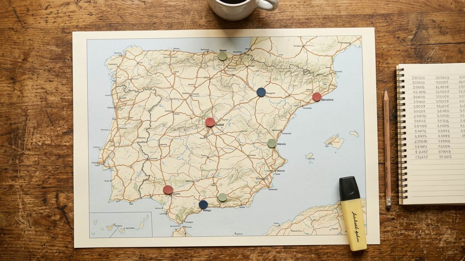 Map of Spain on a table with markers on several university cities and a notebook