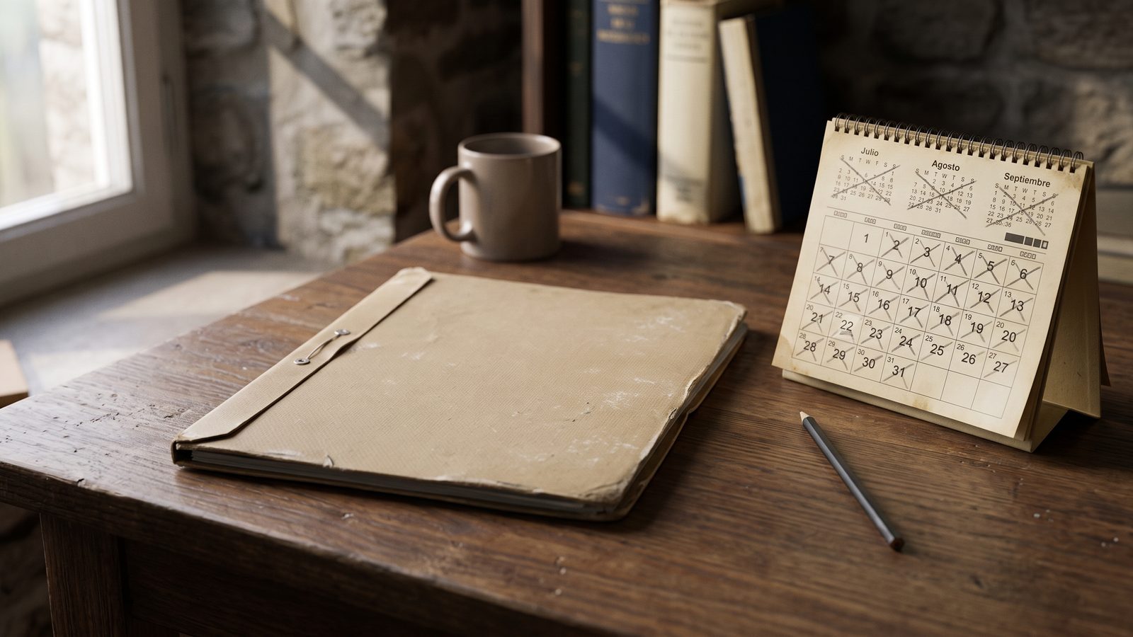 A closed document folder on a desk next to a calendar with months crossed off