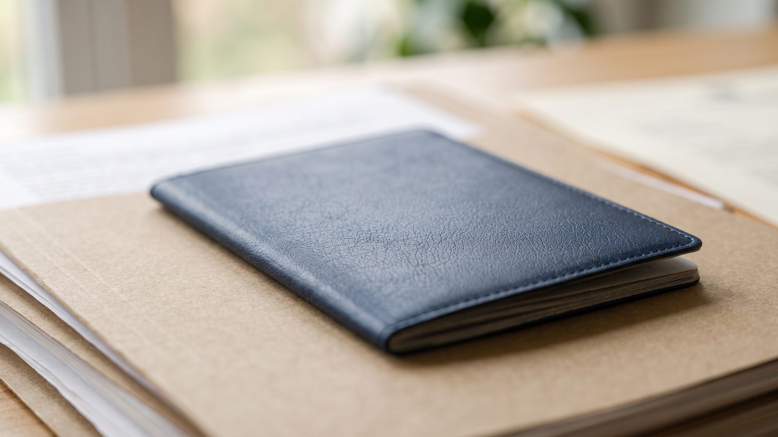 Passport on a folder of documents next to a university admission letter and a plane ticket